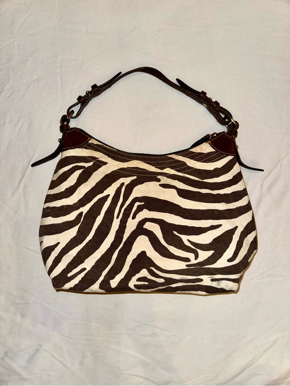 Vintage Y2K Dooney & Bourke Zebra Print Canvas Brown Leather Shoulder Bag